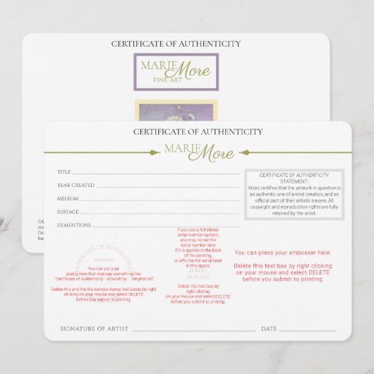 Certificate of Authenticity  招待状 (正面/裏面)