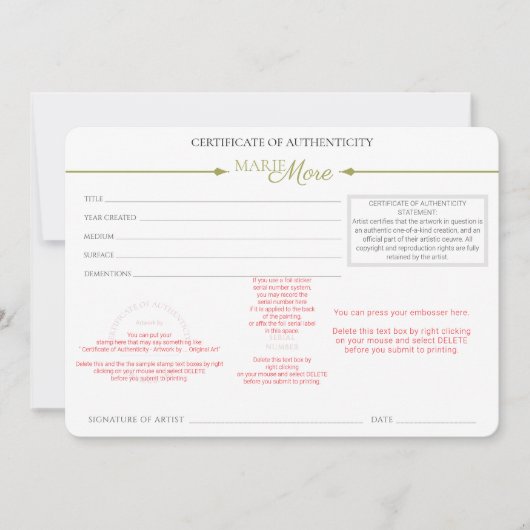 Certificate of Authenticity  招待状 (正面)