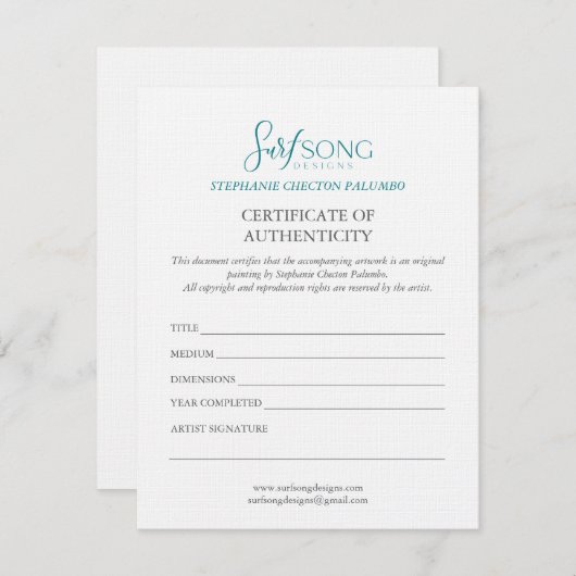 Certificate of Authenticity For Artwork 招待状 (正面/裏面)