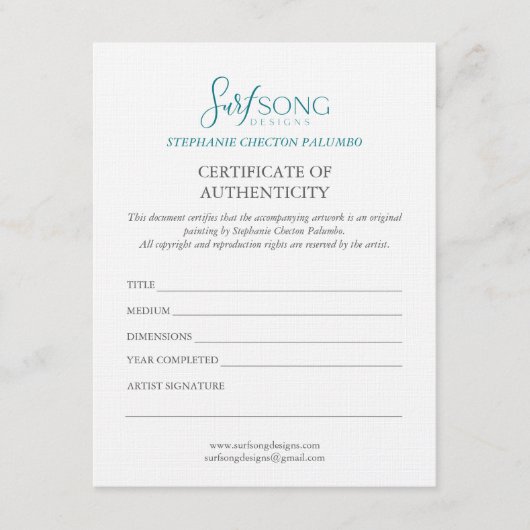 Certificate of Authenticity For Artwork 招待状 (正面)