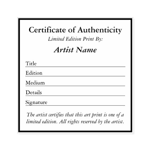 Certificate of Authenticity for Prints  ラバースタンプ (インプリント)