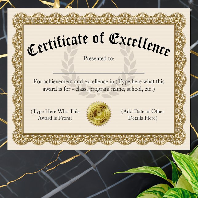 Certificate of Excellence金ゴールドカスタマイズ可能8.5x11 (custom printed certificate of excellence)