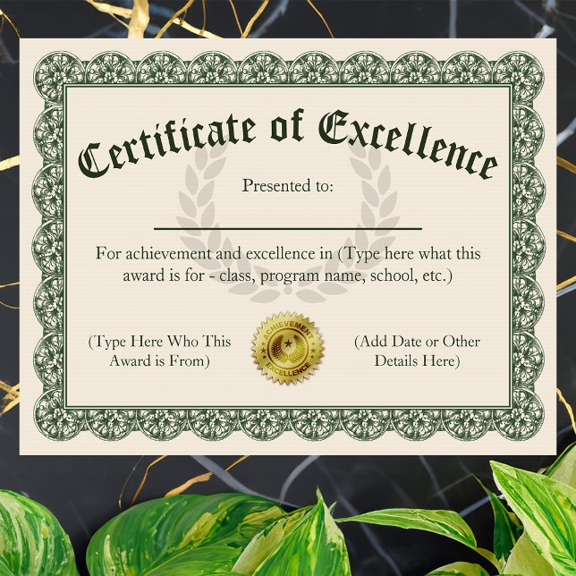 Certificate of Excellence（優秀証明書）、カスタマイズ可能8.5x11 (customizable certificate of excellence)