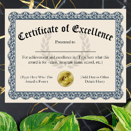 Certificate of Excellence Blueカスタマイズ可能8.5x11
