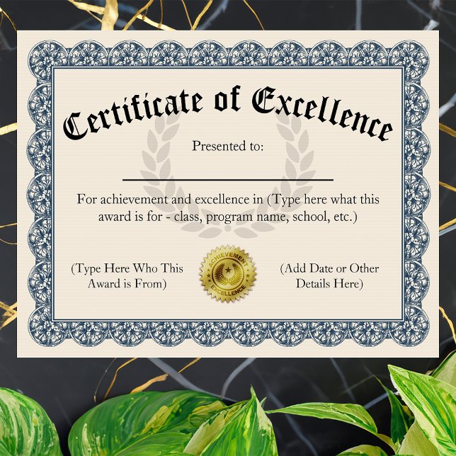Certificate of Excellence Blueカスタマイズ可能8.5x11 (certificate of excellence)