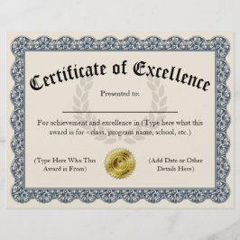 Certificate of Excellence Blueカスタマイズ可能8.5x11