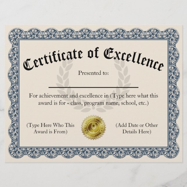 Certificate of Excellence Blueカスタマイズ可能8.5x11 (正面)