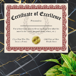 Certificate of Excellence Redカスタマイズ可能8.5x11