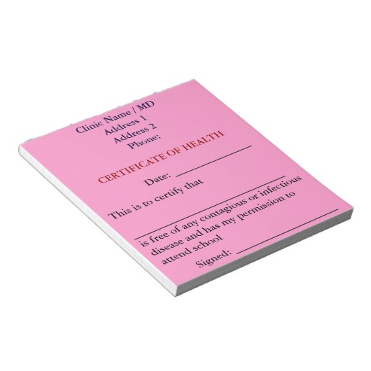 Certificate of Health Notepad (Pink) ノートパッド (アングル)