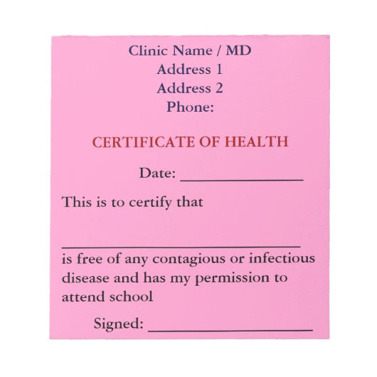 Certificate of Health Notepad (Pink) ノートパッド (正面)