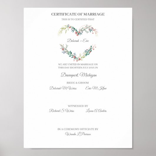 Certificate of Marriage Floral Heart in Pink ポスター (正面)