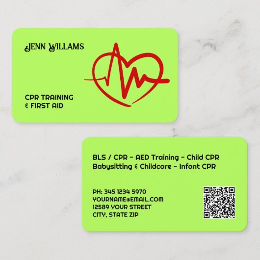 Certified CPR Instructor Custom QR 名刺 (正面/裏面)