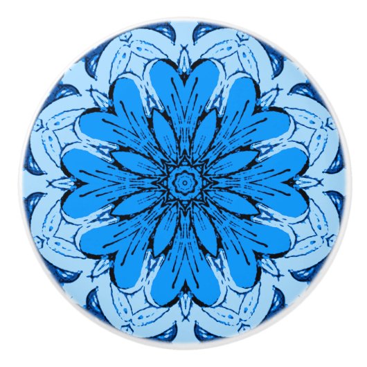 Ceruleanとライトブルーの幾何学的なフラワーパターン セラミックノブ (正面)