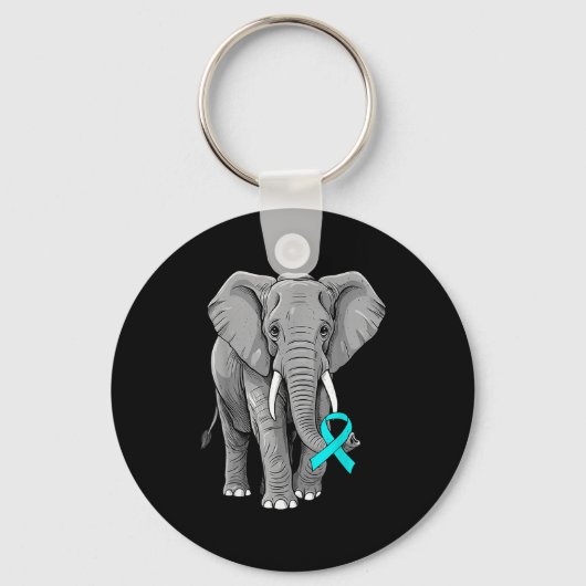 Cervical Cancer Awareness Elephant Ribbon Teal Men キーホルダー (正面)