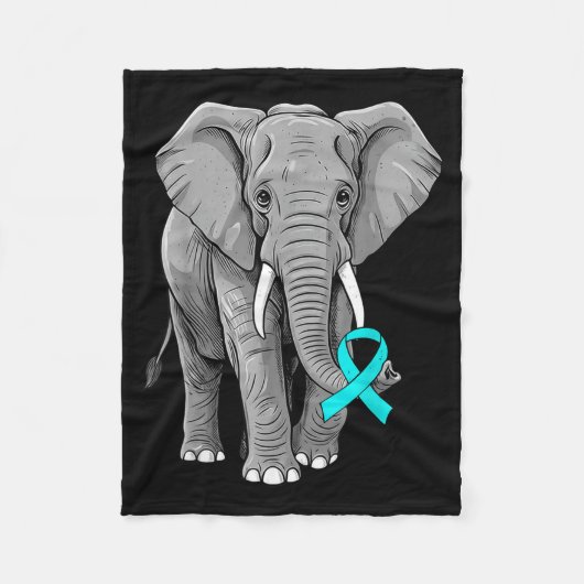 Cervical Cancer Awareness Elephant Ribbon Teal Men フリースブランケット (正面)