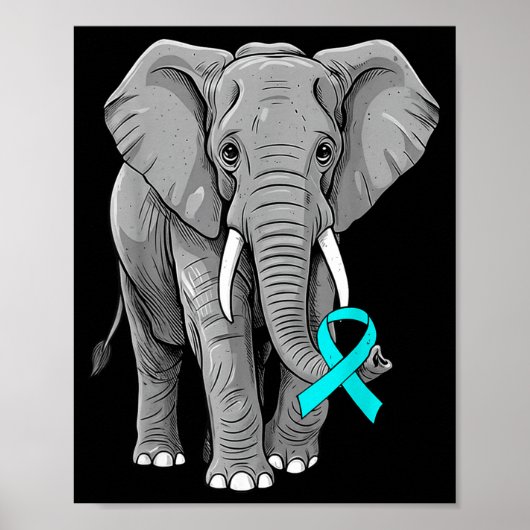 Cervical Cancer Awareness Elephant Ribbon Teal Men ポスター (正面)
