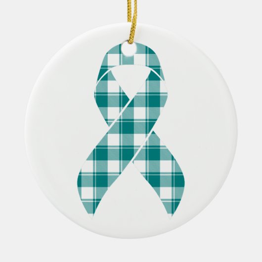 Cervical Cancer Awareness Plaid Teal Ribbon セラミックオーナメント (正面)