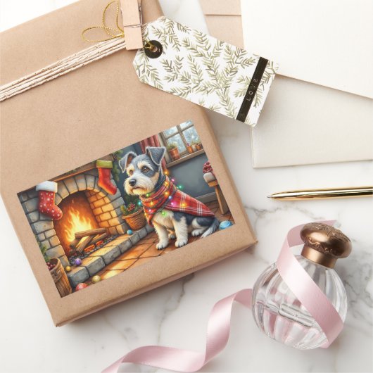 Cesky Terrier Fireplace with Christmas Lights 長方形シール (ギフト)