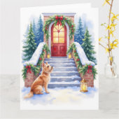 Cesky Terrier Snowy Staircase Christmas Art カード (黄色い花)