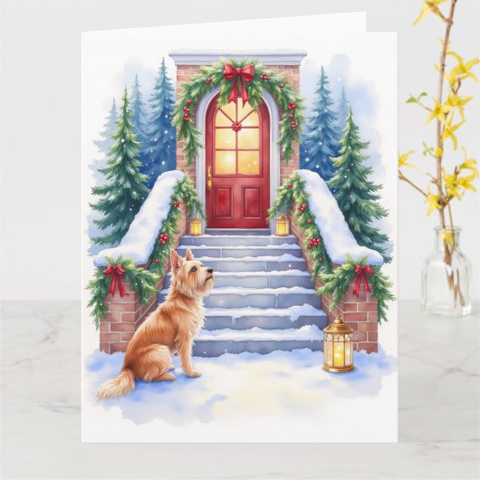 Cesky Terrier Snowy Staircase Christmas Art カード (黄色い花)