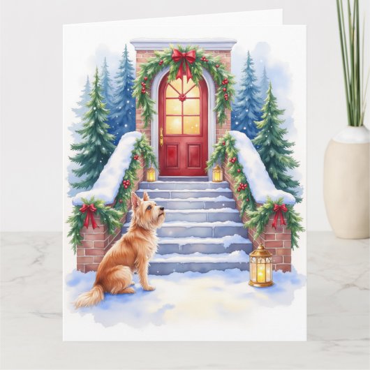 Cesky Terrier Snowy Staircase Christmas Art カード (正面)