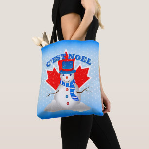 C'EST NOEL カナダのメイプルリーフの雪だるま クリスマス トートバッグ