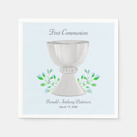 ChaliceとBlue Buds緑の最初の聖餐式 スタンダードカクテルナプキン (正面)