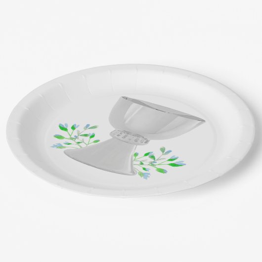 ChaliceとBlue Buds緑の最初の聖餐式 ペーパープレート (アングル)