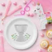 ChaliceとPink Buds緑の最初の聖餐式 ペーパープレート (パーティー)