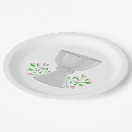 ChaliceとPink Buds緑の最初の聖餐式 ペーパープレート (アングル)