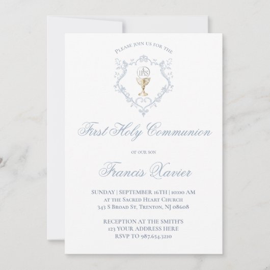 Chalice Host blue crest | First Communion 招待状 (正面)