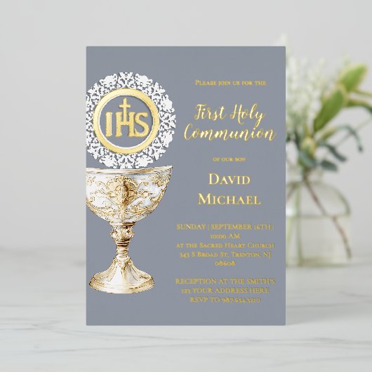 Chalice Host First Communion 箔招待状 (立ち正面)