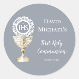 Chalice Host First Communion blue background ラウンドシール