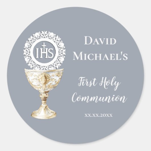 Chalice Host First Communion blue background ラウンドシール (正面)