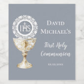 Chalice Host First Communion blue background ワインラベル (シングルラベル)