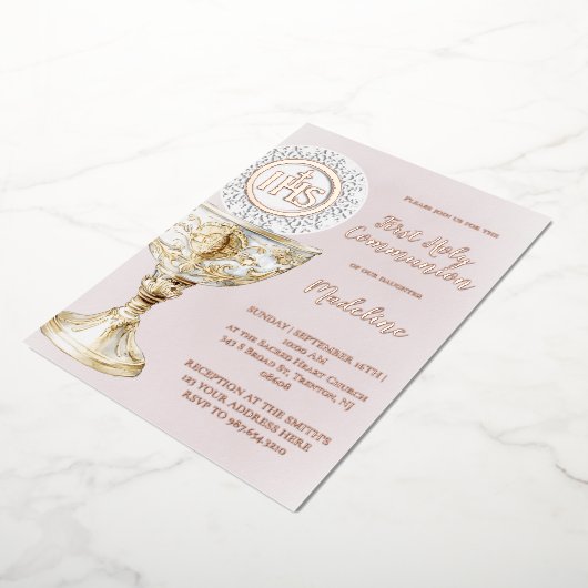 Chalice Host First Communion girl 箔招待状 (回転した状態)