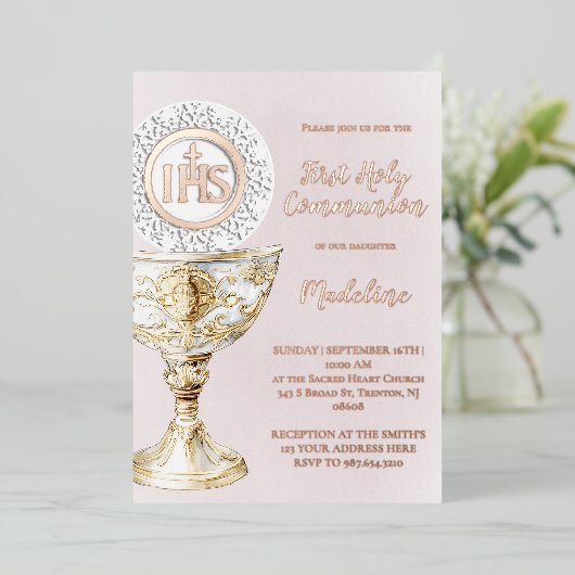 Chalice Host First Communion girl 箔招待状 (立ち正面)