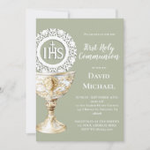 Chalice Host First Communion sage green background 招待状 (正面)