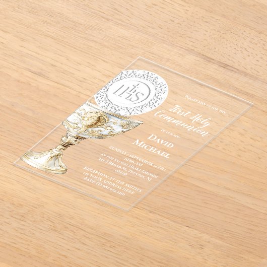 Chalice Host First Holy Communion アクリル招待状 (レイダウン)