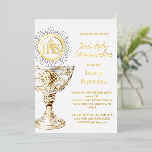 Chalice Host First Holy Communion 箔招待状 (立ち正面)