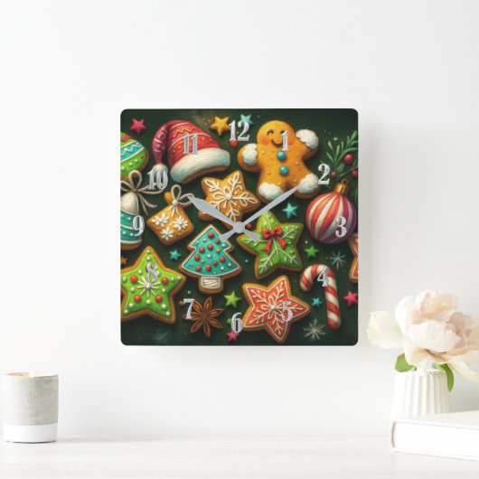 Chalk Drawing Decorated Christmas Cookies Green スクエア壁時計 (ホーム)