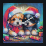 Chalk Drawing Two Cute Puppies in Santa Hats スクエア壁時計<br><div class="desc">Chalk Drawing Two Cute Puppies in Santa Hats Designed by Carrie Fink. Printed and shipped by Zazzle or their partners.</div>