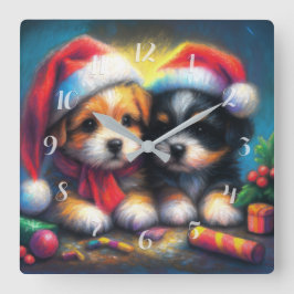 Chalk Drawing Two Cute Puppies in Santa Hats スクエア壁時計