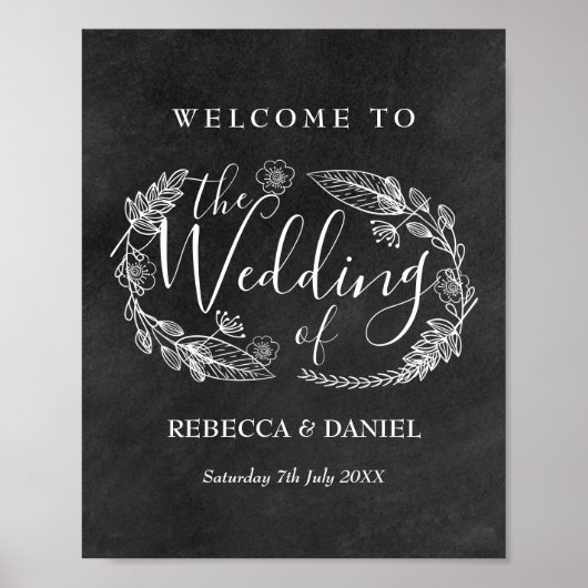 Chalkboadハンドドローフローラガーランドウェルカム ポスター (正面)