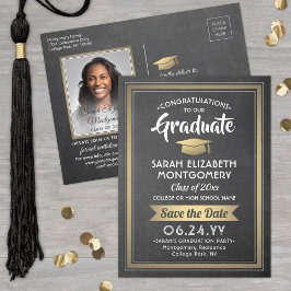 Chalkboardと金ゴールド卒業写真Save the Date 案内ポストカード