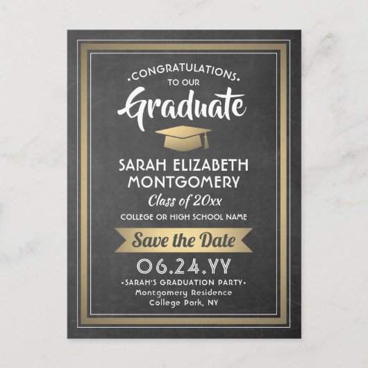 Chalkboardと金ゴールド卒業写真Save the Date 案内ポストカード (正面)