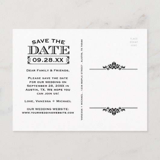 Chalkboardのモダンヴィンテージ日付の保存 案内ポストカード (裏面)