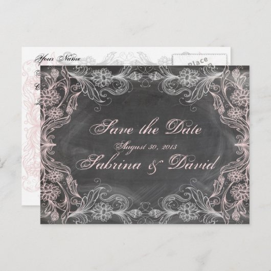 Chalkboardアンティークピンクフローラ日付投稿を保存 案内ポストカード (正面/裏面)