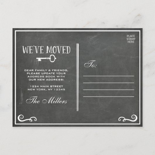 Chalkboardエレガント鍵の移動告知 案内ポストカード (裏面)