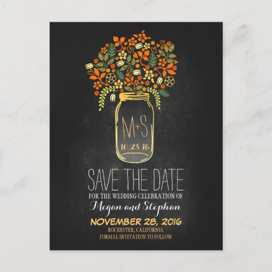 Chalkboardオレンジの日付を保存 – フローラメイスンジャー 案内ポストカード (正面)
